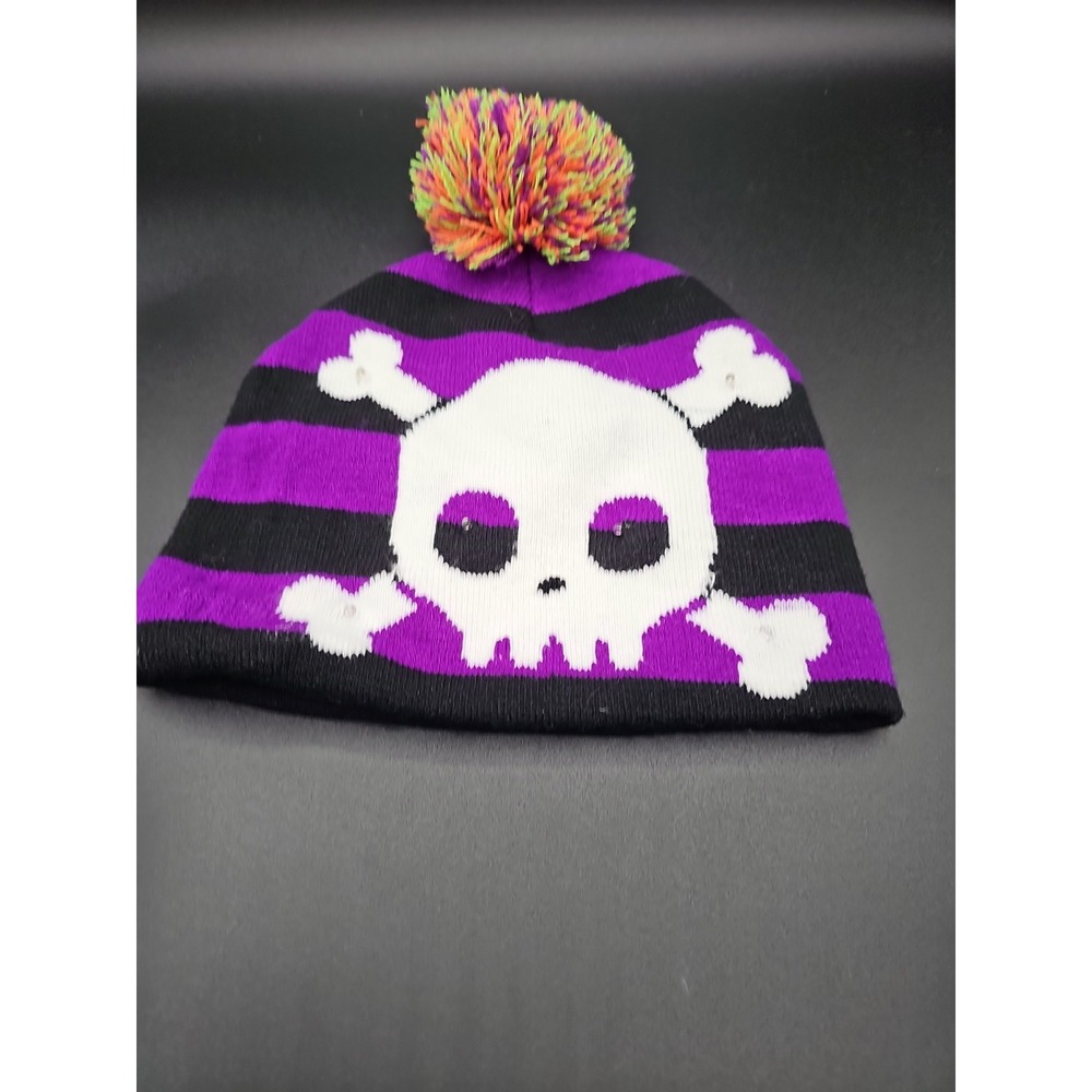 Black Purple Skull Beanie Unisex Small Pompom
